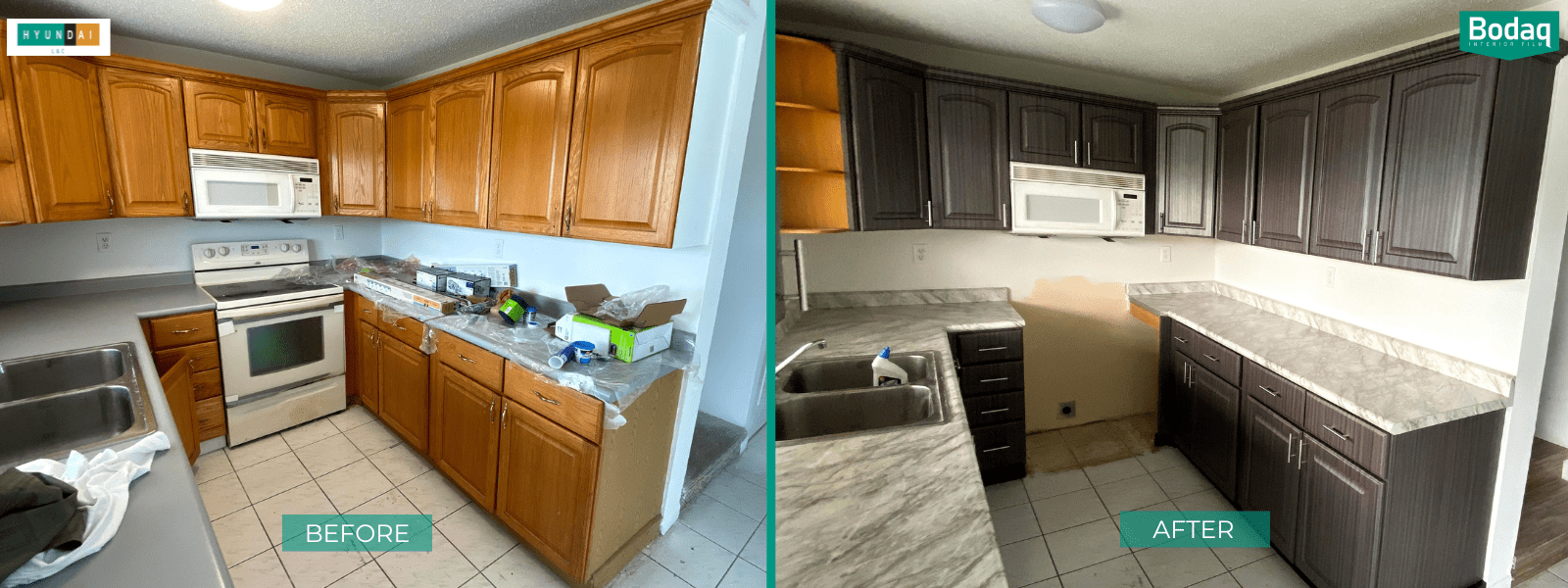 Kitchen cabinet before and after Bodaq film wrap