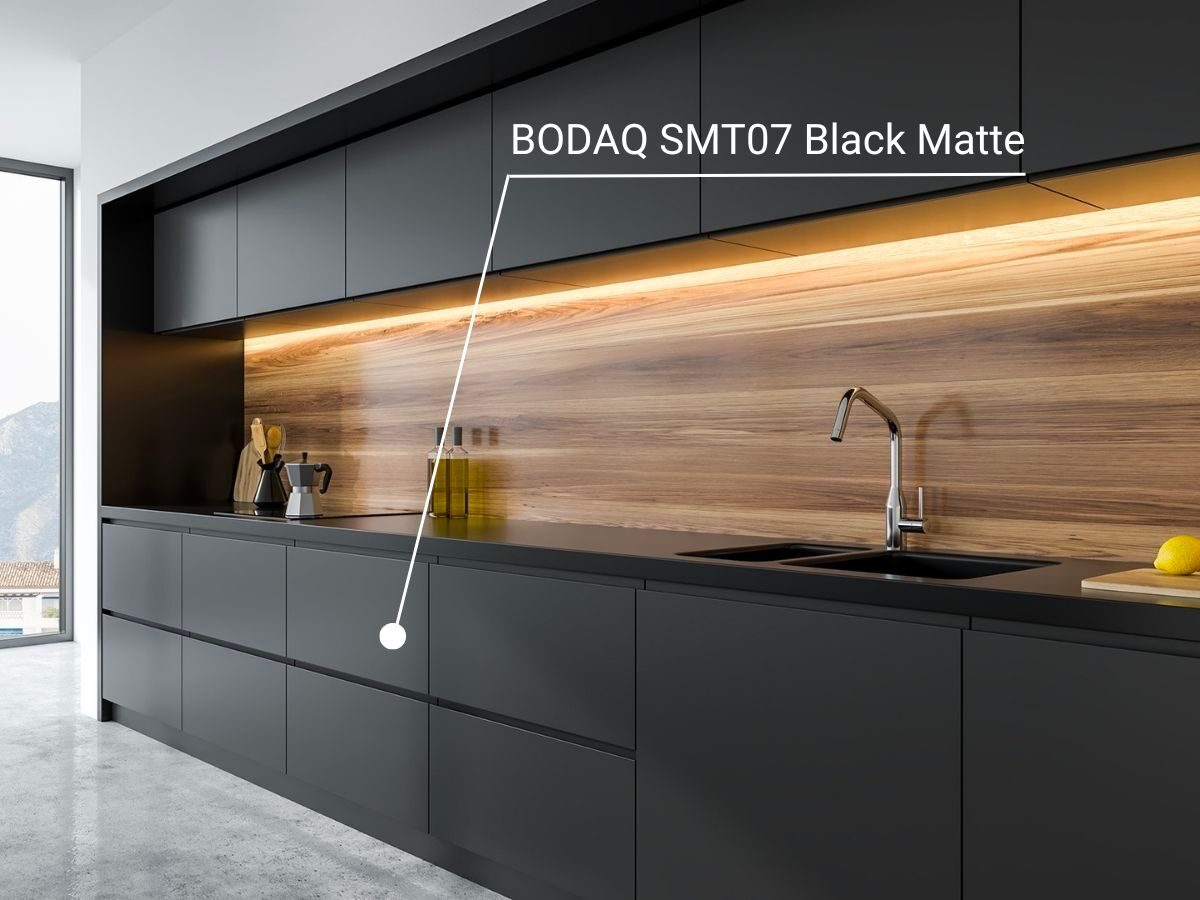 Black matte kitchen cabinetry with warm wood grain backsplash