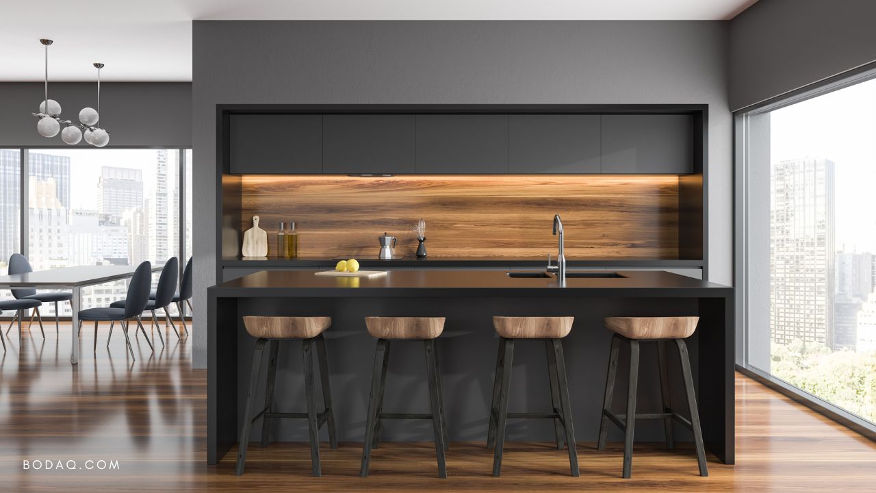 Matte gray kitchen with warm wood backsplash