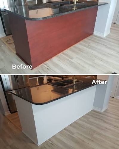 Kitchen island before and after Bodaq white film wrap