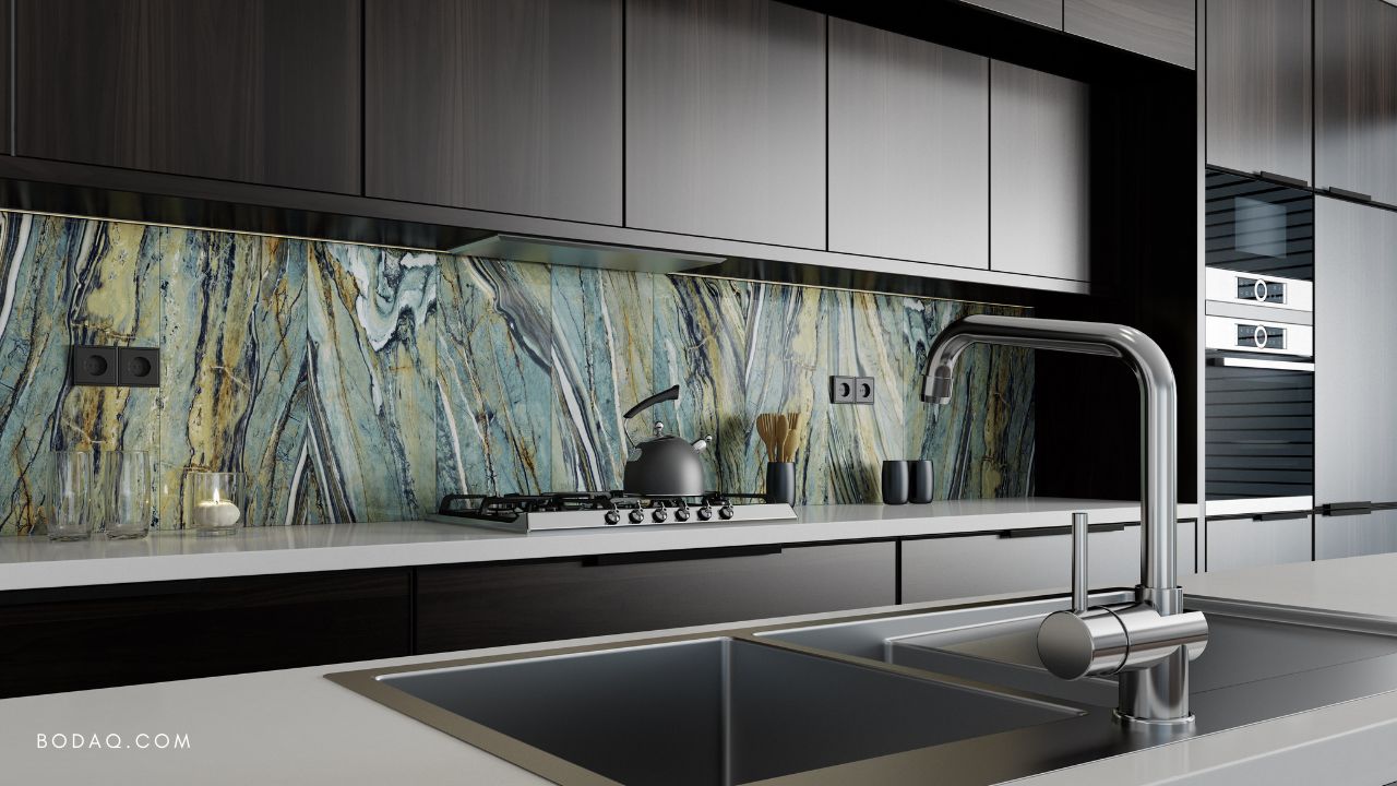 Dark kitchen with marble-look backsplash panel