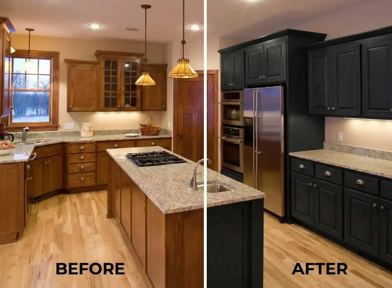 Oak kitchen cabinets before and after Bodaq black film wrap