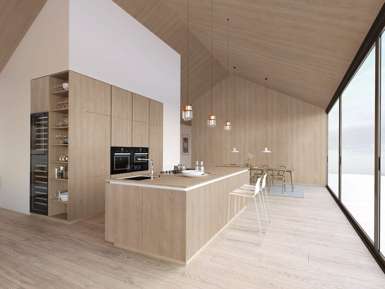 Vaulted-ceiling kitchen wrapped in Bodaq PZ610 Oak wood-grain film