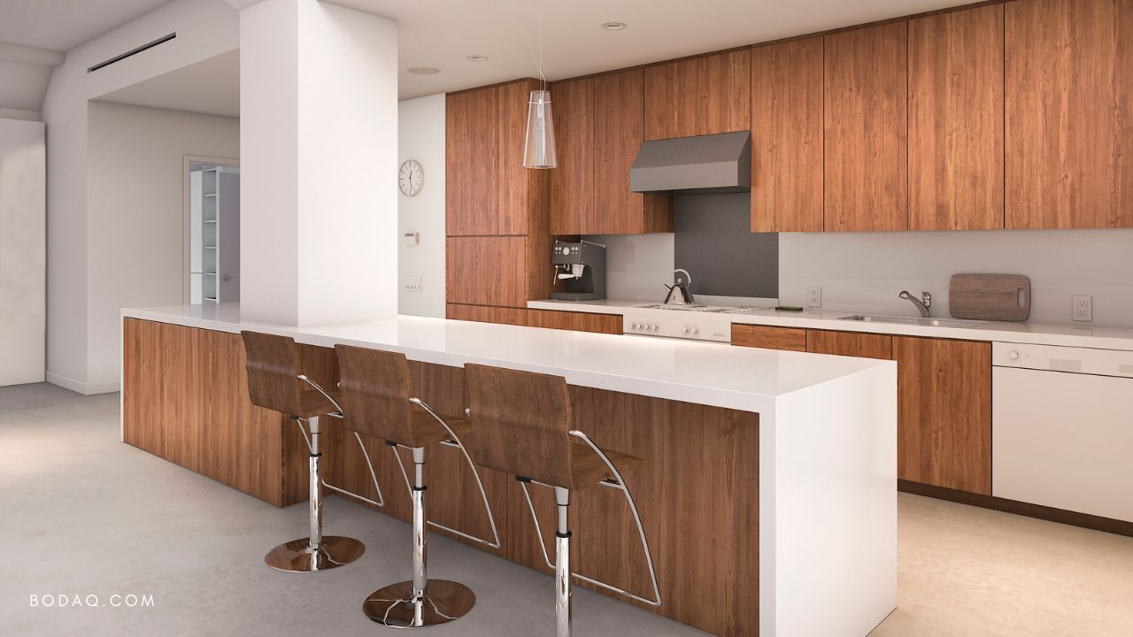 Walnut wood grain kitchen cabinetry