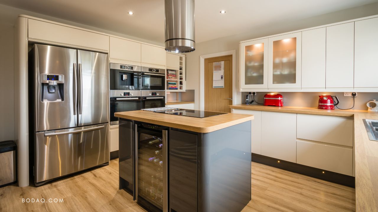 White kitchen with wood-wrapped island