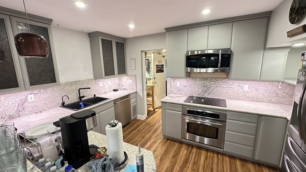 Wide view of finished kitchen wrapped in Bodaq S209 film