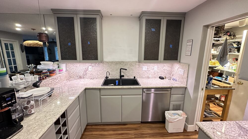 Finished kitchen sink and dishwasher wall wrapped in Bodaq S209 film