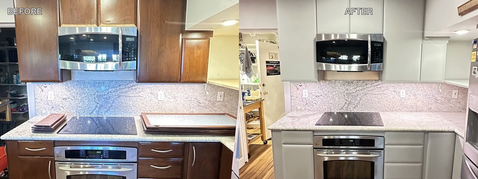 Real San Diego kitchen cabinet before and after Bodaq architectural film wrap